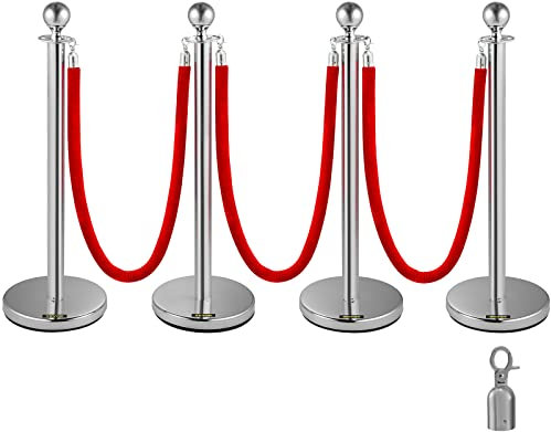 VEVOR 4 Poteaux de Guidage Séparation Argenté avec 3 Cordes Velours Rouges 1,5 m, 4 PCS Fils d'Attente Barrière de Queue Poteau Individuel de Sécurité 96 cm Hauteur pour Contrôle Séparation de Foule