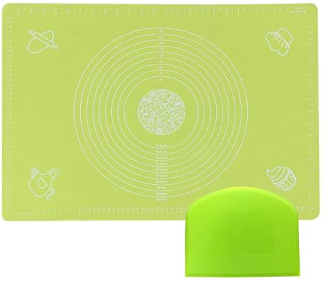 Set of 1 x Green Baking Pastry Mat + 1 x Dough Scraper Fondant Mat 19.7''x15.8'' Dough Rolling Mat with Measurement Cookies Cake Bread Making