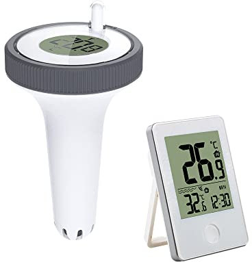 Thermomètre de Piscine, Thermomètre Intérieur et Extérieur Thermomètre Piscine Flottant Sans Fil Radio Avec Récepteur Numérique pour Aquarium, SPA, étang à Poissons