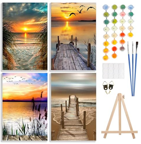 GHHKUD 4 Pièces Peinture par numéros pour Adultes, kit de Peinture à l'huile sur Toile par numéro, pour Enfants ou débutants, avec pinceaux, Peinture Acrylique pigmentée, Peinture à Dessin 20x30cm