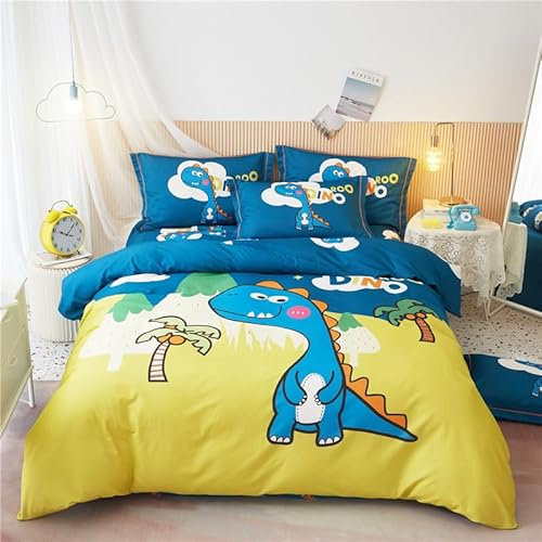 ZZTBQ Niedlich Cartoon Dinosaurier Bettwäsche Set 155x220 Kinder Bettwäsche Set Dunkel Blau Gelb Cartoon Dino Bettbezug und Kissenbezug für Kinder Jungen Mädchen Jugend Schlafzimmer