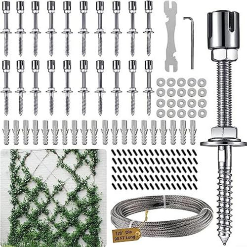 HEIBTENY Rankhilfe Aus Edelstahl Für Kletterpflanzen 20 Halter 30MX3MM Stahlseil Komplettset Seilsystem Für Schwere Kletterpflanzen Wie Blauregen Rosen Weinreben