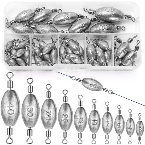 Annyswit 25/45 Stück Olivenform Angelblei mit Karabiner Wirbel Angeln Forelle Set 6/10 Größen Solid Ringe Angelgewichte 3g 4g 5g 7g 8g 10g 15g 20g 25g 30g 40g Fishing Birnenblei Sinker Blei (25)