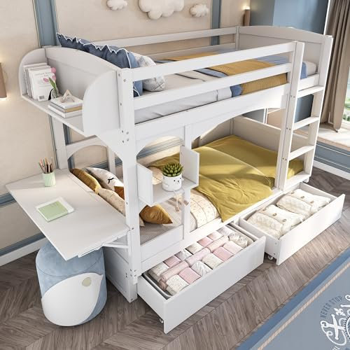 Kinderbett 90x200, Hochbett mit klappbarem Schreibtisch und Regal, Doppelbett mit Leiter und 2 Schubladen, Funktionsbett Etagenbett Stockbett mit Rausfallschutz und Lattenrost, Ohne Matratze, Weiß