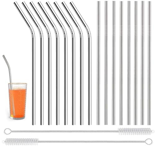 16 Pcs Stainless Steel Straws, Reusable Metal Drinking Straws, BPA Free, 215mm Eco-Friendly Stainless Steel Drinking Straws for Cocktail, Milkshake, Cold/Hot Drinks(6 Straight + 6 Bent + 2 Cleaners)
