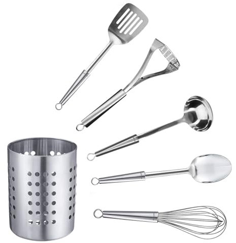 Westmark 6tlg Küchenhelfer-Set Glory – Wender, Kartoffelstampfer, Schöpfkelle Gemüselöffel, Schneebesen + Besteckkorb, Edelstahl – Silber, 189922E6