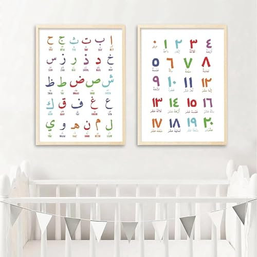 AWKFHF Arabische Islamische Alphabet Kinderzimmer Malerei Bilder,Leinwandbild Poster Kein Rahmen Kunstdruck Wohnzimmer Deko Schlafzimmer Bilder Wanddekoration (2X40X60CM,ohne Rahmen)