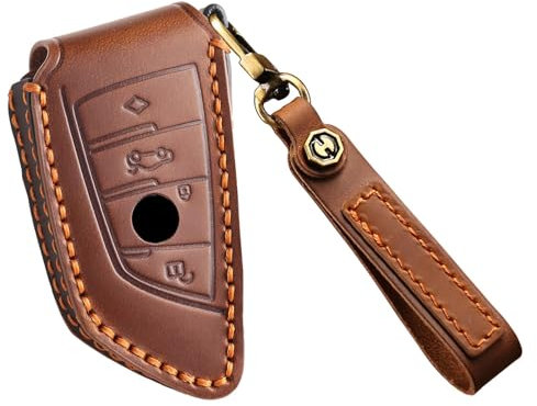 KUNIO Leder Schlüsselhülle Passt für BMW X1 X3 X6 X7 1er 3er 5er 6er 7er G20 G30 G31 G11 F16 G01 G02 F48 X5 F15 M50D Z4 G29 Schutz Schlüsseletui Cover Schlüsselanhänger Keyless 4 Tasten Braun