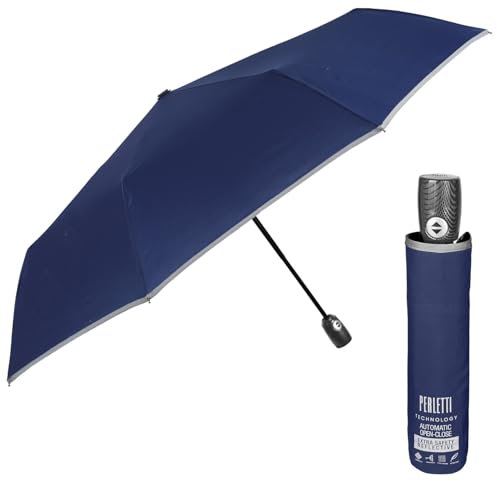 PERLETTI Reflektierender Regenschirm Herren Damen - Regen Schirm Windfest Robust Widerstandsfähig und Sturmsicher mit Glasfaser - Taschenschirm Auf Zu Automatik Technology (Blau Auf Zu)