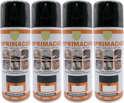 MORE FREE Pintura Spray Imprimacion Negro de 400 ml Adecuado para las Superficies de Metal, Madera y Plástico Pack de 4 Unidad