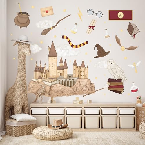 Wally Fox - Wandsticker Kinderzimmer - Wandtattoo Babyzimmer - Ungiftig, sicher, leistungsstark - Set - Eule, Magie, Hexerei, Zauberer, Schloss - Braun, Rot, Gelb - 62,5x125cm