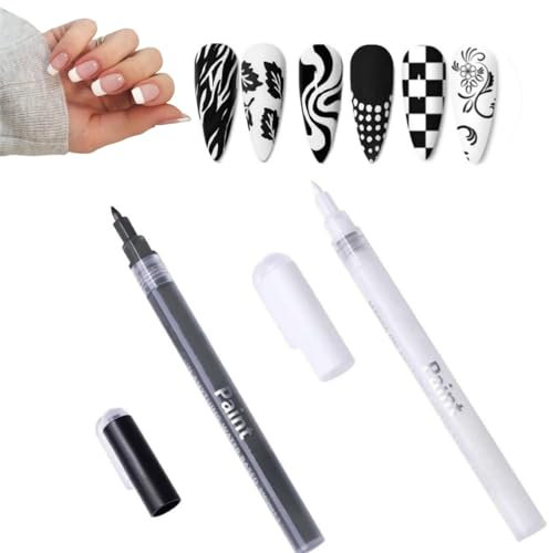 2PCS Black And White Nail Polish,Nail Polish Pens,White Nail Pencil,White Nail Art Pen,White Nail Pencil For Under Nail,French Manicure Pencil,White & Black Nail Pens,Fine Tips Nail Polish Pen
