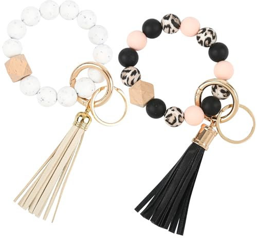 SUPECHUNYI 2 Stück Schlüsselanhänger Auto Damen Schlüsselanhänger Armband Perlen Band Makramee Schlüsselband Kurz Schlüsselbänder Keychain Geschenk für Mädchen Mama und Frauen (Weiß&Schwarz)
