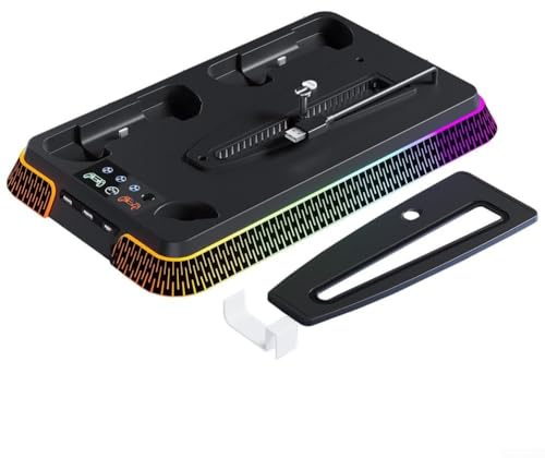 Yhenlovtt Schlanker Ständer und Kühlstation für PS5-Konsole, LED-Dual-Controller-Ladegerät für PlayStation 5 Pro-Konsole, 3 USB-Hubs (schwarz)
