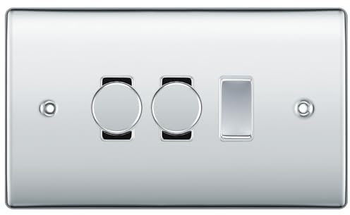 BG Polished Chrome 3 Gang Grid Switch 2x Trailing Edge LED Dimmer 1x 1 or 2 Way