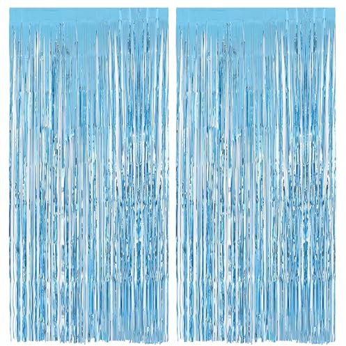 Alaoo 2PCS 2M Tinsel Curtain, Aluminum Foil Fringe Curtain, Hanging Door Streamers, Party Streamers Curtain Decorations for Birthday Party Wedding Graduation Christmas Photo Backdrop, Light Blue