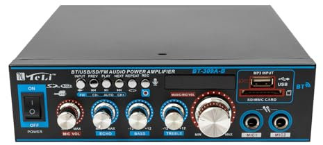 TESUGN HiFi Verstärker mit Bluetooth, 12V 220V Mini Audio Verstaerker Digital Endstufe, Unterstützt FM SD-Karte U-Scheibe MP3, 300W+300W Endverstärker mit 2 Mikrofonanschlüsse für Zuhause oder Auto