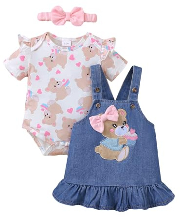 UUAISSO Abiti per neonati Bambina Cuore Stampa Manica Corta Tutina Bretelle Gonna Orso Vestito Fiocco Fascia 0-18 Mesi