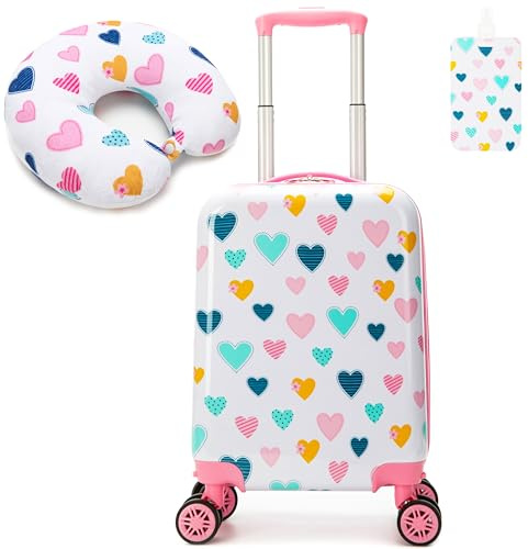 Esteemly Kid's Luggage Set 2 Piece Suitcase Set Hardside Luggage with Spinner Wheels Girls Carry on Toddler Travel Rolling Suitcase with Neck Pillow Airline Approved