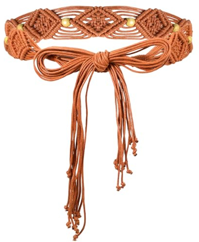 Telooco Boho Flechtgürtel Damen Geflochtener Gürtel mit Quaste Vintage Hohl Damengürtel für Kleider Böhmen Brautgürtel Quasten Taillengürtel Geflochtene Damengürtel für Abendkleid Röcke (Braun)