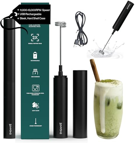 ENSANTE Ultra Fast Electric Milk Frother Wand, 13,000RPM Immersion Blender Rechargeable Frother for Protein Powder, Cold Foam, Travel Frother Handheld with Case, Matcha Whisk, Coffee Stirrers Electric