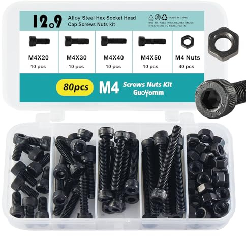 GuoYomm Lot de 80 vis M4 avec vis à six pans creux, noirs, en acier au carbone 12,9 degrés, longueurs : 20 mm, 30 mm, 40 mm, 50 mm