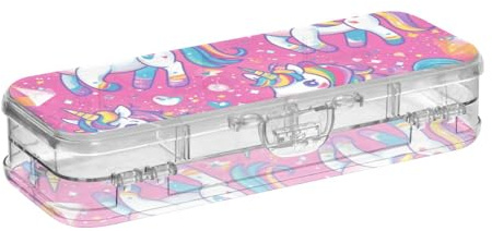 voucong Bunte Einhörner Regenbogen transparente Stiftebox Doppelstöckige harte Boxen Stifte Etui für Kinder mit Deckel