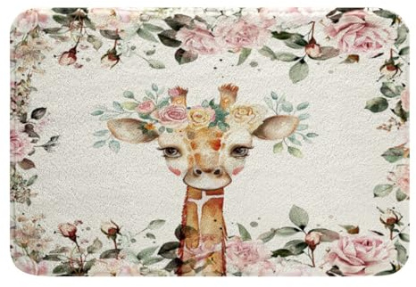 Badematte Süße Giraffe Rosa Rose Mikrofaser Waschbar Fußmatte Innen Dünn Schmutzfangmatte Für Balkon Hauseingänge Terrasse 40X60Cm