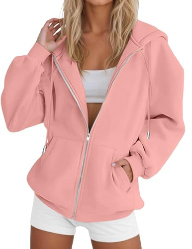 Sweatshirt Chic Et Élégant Veste Polaire Femme Hiver, Sweat a Capuche Femme Zippé Sport Coton Hoodie avec Poches Oversize Pas Cher 2025 Sweats Chaud Couleur Unie(Rose Clair,M)