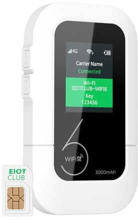 EIOTCLUB Router Wi-Fi 4G LTE Portatile: 150Mbps, 1GB Dati Inclusi, WiFi 6, WPA3. Hotspot Mobile con Batteria 3000mAh, Display LCD 1,7. Connette 10 Dispositivi. Pocket WiFi per Viaggi e Camping