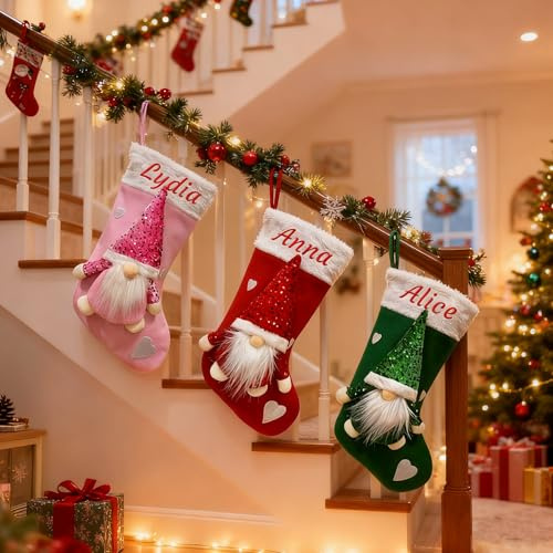 Generisch Personalisiert Weihnachtsstrumpf mit Namensstickerei, GNOME Design Gestickt Nikolaus Socken, 47cm/18.5zoll Großer Nikolausstrumpf in Rot, Grün & Rosa (4 Stück)