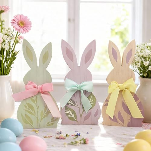 PIujsym 3er Set Osterhasen Figuren Modern, Osterdeko Holz Hasen zum Hinstellen, Kleine Ostern Deko für Tisch & Fensterbank, Frühling Dekoration für Wohnzimmer Garten Fensterbank Osterhase Deko
