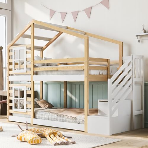 NuvlaGu - Lettino a soppalco per bambini, 90 x 200 cm, in legno massello, con design a finestra e scala portaoggetti, protezione anticaduta, colore natura/bianco, inclusi 2 reti a doghe (senza