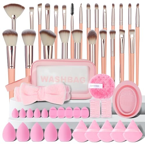 LOPHE Pennelli Make Up Pennelli Trucco 51 Pz Pennelli Trucco Viso Pennello Fondotinta Morbido Vegano Pennello Fard Pennello Bronzer Contour Pennello Evidenziatore-Rosa