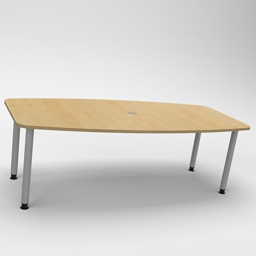 Konferenztisch KONTI 220x103 cm – ovaler Besprechungstisch in Ahorn mit silbernen Rundrohrfüßen & Kabelauslass, Meetingtisch für 6–8 Personen, moderner XXL-Tisch fürs Büro & Besprechungsraum