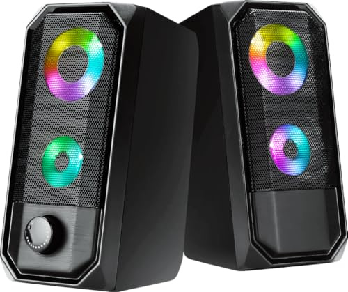 memzuoix USB Powered PC Speakers with 3.5 mm Audio Jack, 2 x 5W Computer Speakers, Volume Control Knob, LED Light On/Off Switch, 1.2 m Cable, Black