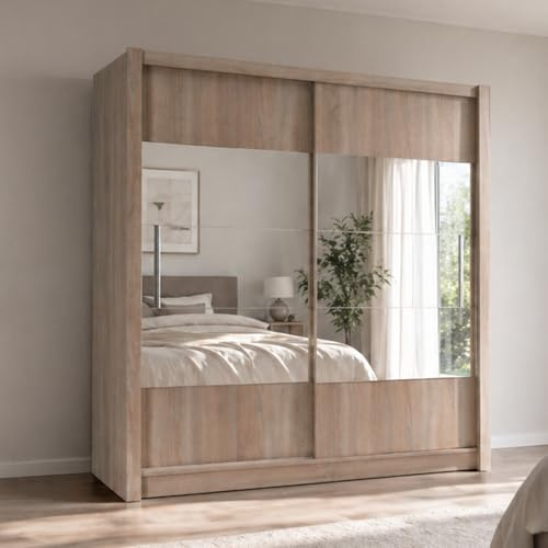 Home Collective Armario con espejo y puertas correderas | Mucho espacio de almacenamiento con 4 estantes y barra para colgar ropa | moderno dormitorio juvenil | Sonoma