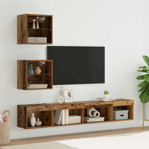 Tonture Unités murales TV en Bois d'ingénierie avec LED 5 pièces, Meuble TV Suspendu Moderne, étagères en Verre, Rangement Pratique pour Salon et Chambre