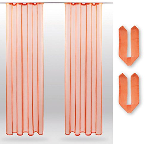 Bestlivings Dekoschal Noella mit Universalband, transparente Gardine Voile b 140x l 245 cm 2er Pack,in vielen Farben erhältlich (orange - möhre/mit Raffhalter)