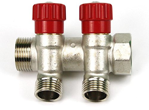 Verteiler 2-Fach mit Absperrventil Rot Sanitär 3/4 x 1/2 Wasser Heizung