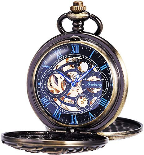 ManChDa Herren Taschenuhr mit Kette Retro Lucky Dragon Analoges Handbuch Skeleton Double Case Bronze