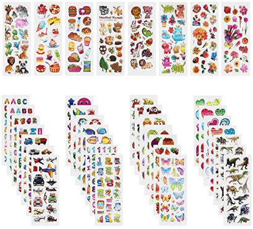 Annhao Adesivi per Bambini, 1000+ Adesivi 3D Stickers per Puffy Adesivi per Regali Gratificanti Scrapbooking Inclusi Camion, Aeroplani, Animali, Pesci, Dinosauri, Numeri, Frutta, lettera ecc(40 Fogli)