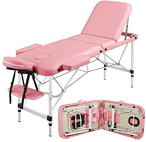 Yaheetech Massage Tables Portable Tattoo Table Adjustable Lash Bed Aluminium 3 Folding Spa Bed with Non-Woven Bag 24 inch Wide Pink