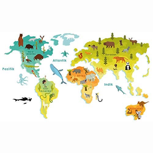 Wandtattoo Weltkarte Tiere 100x58cm Lernposter für Kinderzimmer Spielzimmer Aufkleber Wandsticker Deko bunt für Mädchen und Junge YX026