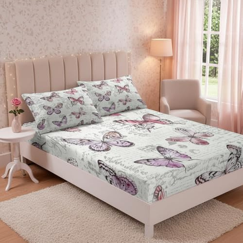 feelingyou Girly Schmetterlinge Spannbettlaken 90x200cm Rosa Insekten Elegantes Muster Spannbetttuch für Kinder Jungen Mädchen Erwachsene Vintage Digest Spannbetttuch Bettlaken Set Ultra weich 2St