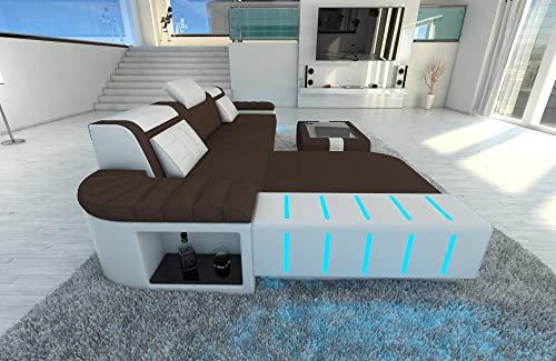 Sofa Bellagio L Form Stoffsofa Ecksofa - mit LED Beleuchtung, verstellbare Kopfstützen, Recamiere/Mikrofaser/Ausrichtung wählbar (Ottomane Links, Dunkelbraun-Weiß C72)