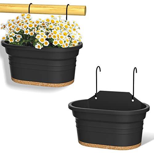 ZMTECH Jardinières Rectangulaires Suspendues, Pots de Fleurs Suspendus avec Trous de Drainage et Soucoupe pour Balcon, Décoration de Jardin et Clôture avec 2 Crochets (Gris Foncé, 2 Pièces)