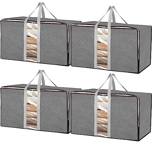 4er-Pack Extra große Aufbewahrungstaschen mit Reißverschlüssen, Klare Umzugskartons mit Deckel für Kleidung, Bettdecken, Wäsche, Umzug, Unter-Bett-Organizer
