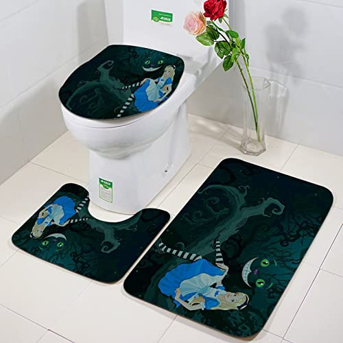 Bath Mat Sets 3 Piece Washable Bath and Pedestal Mat Sets,Alice in Wonderland,Alice Sitting on Branch with Chescire Cat in Darkness ,Bathroom Rug Set Absorbant Bathroom Mat Set Bath and Toilet Mat Set