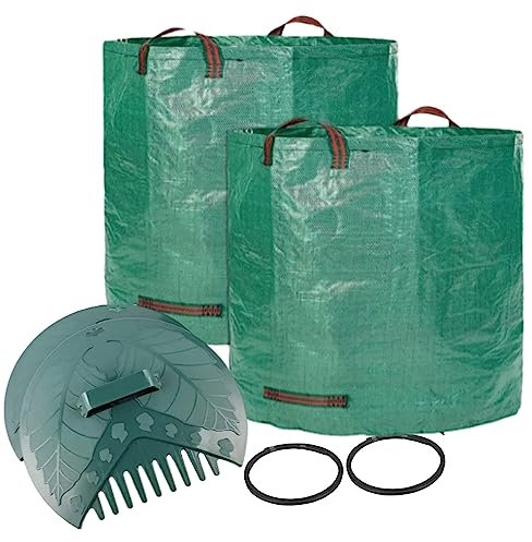 Lot de 2 Sacs jardin 272L Réutilisables, Pliables, Indéchirables avec Poignées de transport + 2 pièces râteaux, Pelle à Feuille à Main Ergonomique, Ramasse Feuille Durable pour Pelouse, Déchet jardin